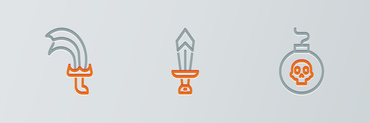 Poster - Set line Bomb ready to explode, Sword for game and icon. Vector