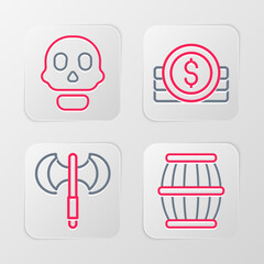 Poster - Set line Gun powder barrel, Medieval poleaxe, Ancient coin and Skull icon. Vector
