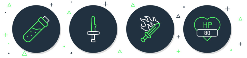 Poster - Set line Dagger, Sword for game, Bottle with potion and Video bar icon. Vector