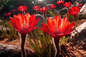 Poster - scarlet hedgehog cactus flowers in sunlight, created with generative ai