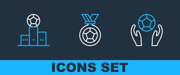 Sticker - Set line Soccer football ball, Award over sports winner podium and Football soccer medal icon. Vector