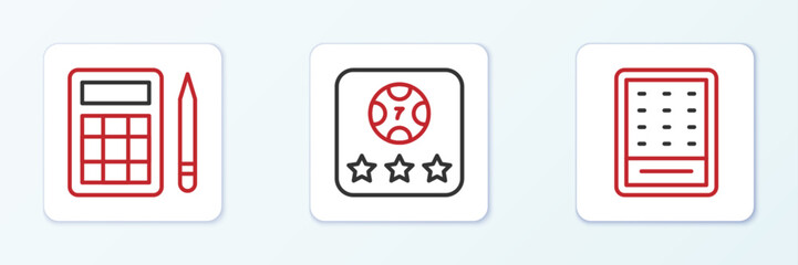 Poster - set line lottery ticket, bingo card and online poker table game icon. vector