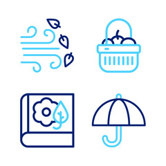 Sticker - Set line Umbrella, Herbarium, Basket and food and Windy weather icon. Vector