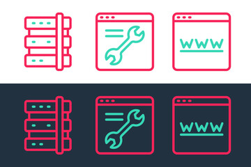Poster - Set line Browser window, Server and setting icon. Vector