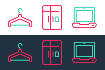 Sticker - Set line Laptop, Hanger wardrobe and Refrigerator icon. Vector