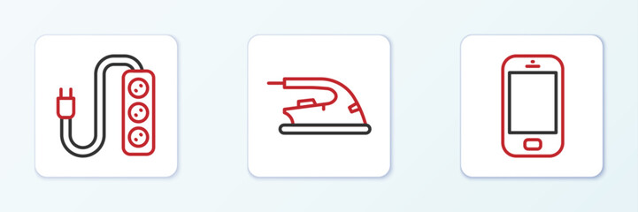 Poster - Set line Mobile phone, Electric extension and iron icon. Vector