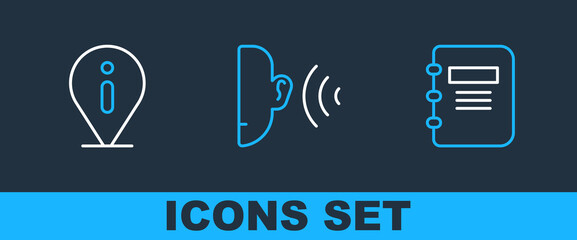 Poster - Set line Notebook, Information and Ear listen sound signal icon. Vector