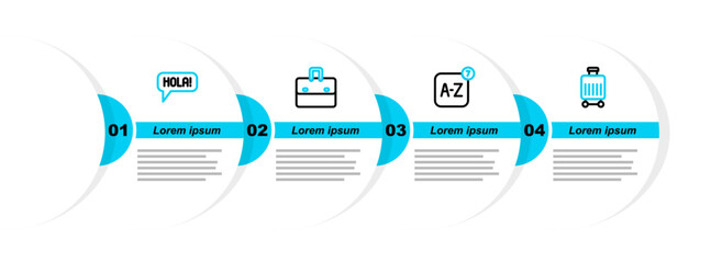 Poster - Set line Suitcase, Online translator, Briefcase and Hola different languages icon. Vector