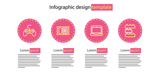 Poster - Set line Laptop, Toy building block bricks, Circus ticket and Gamepad icon. Vector