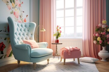 Canvas Print - pastel-colored room with a single stylish chair, created with generative ai