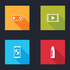 Wall Mural - Set Gamepad, Play Video, Smartphone with shield and Bullet icon. Vector