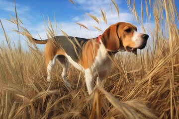 Wall Mural - beagle walking in tall grass, nose down, tracking scent, created with generative ai