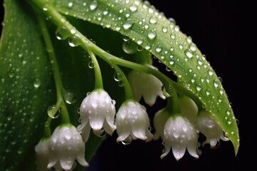 Poster - raindrops on lily of the valley leaves after rain, created with generative ai