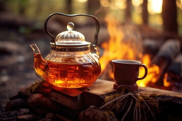 Poster - rooibos tea brewing in a glass teapot near campfire, created with generative ai