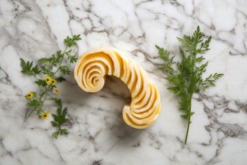 Sticker - butter curl with herbs on white marble background, created with generative ai