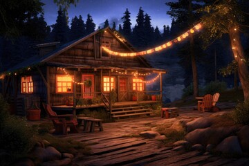 Wall Mural - cabin lit up with string lights in the evening, created with generative ai