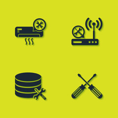 Sticker - Set Air conditioner service, Crossed screwdrivers, Database server and Router wi-fi icon. Vector