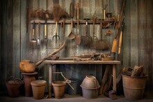 Rusty Farm Tools Displayed On Distressed Wood, Created With Generative Ai