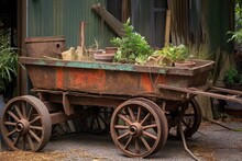 Weathered Wooden Wagon With Rusty Metal Details, Created With Generative Ai
