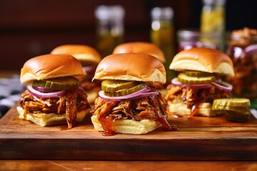 Wall Mural - smoky bbq pulled pork sliders with pickles and onions, created with generative ai
