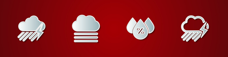 Sticker - Set Cloud with rain and lightning, Fog cloud, Water drop percentage and icon. Vector