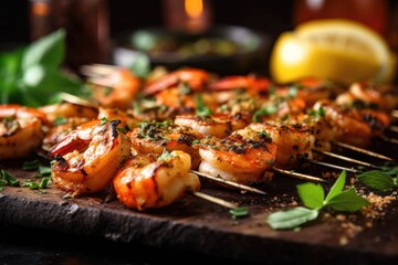 Wall Mural - grilled shrimp skewers with herbs and spices on grill, created with generative ai
