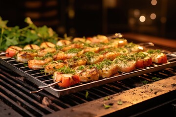 Sticker - shrimp skewers with herbs and spices on grill, created with generative ai