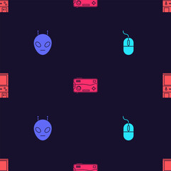 Poster - Set Computer mouse, Alien, Mobile and playing in game and Retro arcade machine on seamless pattern. Vector