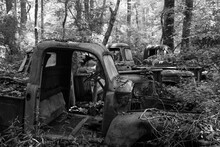 Black And White Picture Of An Old Vintage Wrecked Car