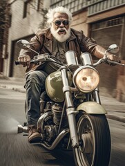 Wall Mural - Extreme senior man on a motorcycle, white haired man riding a motorbike, cool biker grandfather on the road