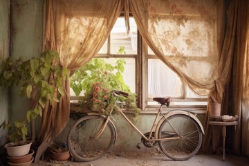 Canvas Print - vintage bicycle leaning on curtain-covered window, created with generative ai