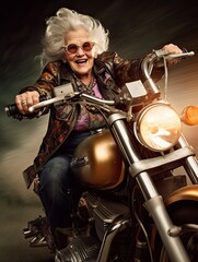 Wall Mural - Extreme senior woman on a motorcycle, white haired elderly lady riding a fast motorbike, cool biker grandmother action photo