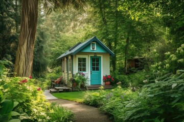 Sticker - tiny house, surrounded by lush greenery, in serene and peaceful setting, created with generative ai