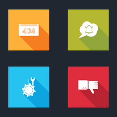 Poster - Set Page with a 404 error, Speech bubble chat notification, Wrench and screwdriver in gear and Dislike icon. Vector
