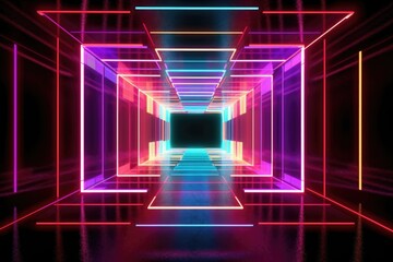 Canvas Print - vibrant neon light squares forming 3d digital tunnel, created with generative ai