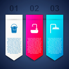 Poster - Set Bucket with rag, Washbasin water tap and Shower head. Business infographic template. Vector