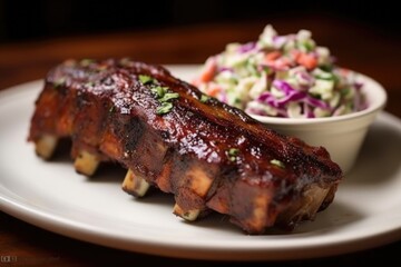 Canvas Print - glazed bbq ribs with a side of coleslaw, created with generative ai