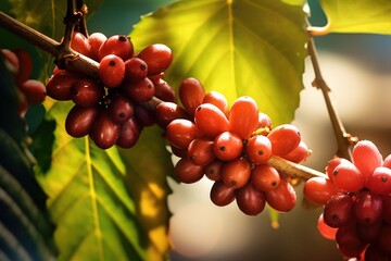 Wall Mural - close-up of coffee beans on a branch in sunlight, created with generative ai