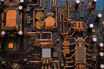 Poster - microscopic view of spacecraft circuit boards, created with generative ai