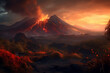 Huge massive Volcano Eruption. A large volcano erupts hot lava and gases into the atmosphere at night time. Lava dangerous nature explosion. Generative AI Technology