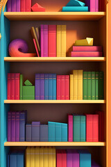 Wall Mural - bookshelf with multi-colored books, children's rainbow library decoration, modern bright bookshelf in the study, generative ai