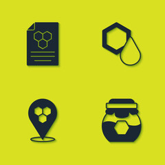 Sticker - Set Honeycomb, Jar of honey, bee location and icon. Vector