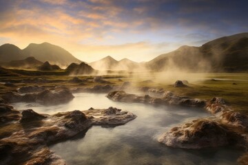 Poster - steamy geothermal springs in mountain landscape, created with generative ai