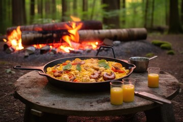 Canvas Print - finished paella served on rustic table near campfire, created with generative ai