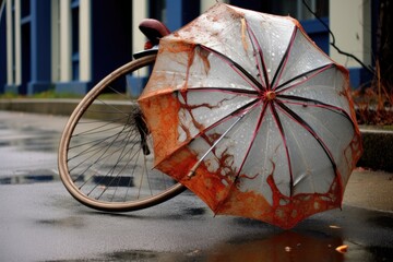 Sticker - damaged umbrella caught in a bicycle wheel, created with generative ai