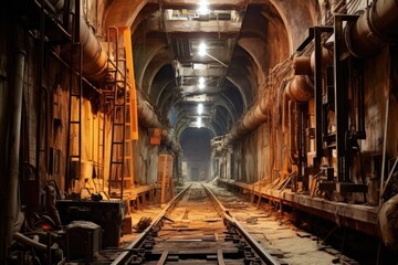 Sticker - subway tunnel under construction with exposed pipes and wires, created with generative ai