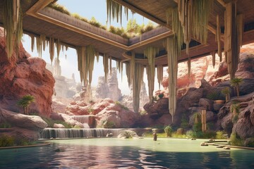 Canvas Print - a desert oasis with levitating waterfalls, created with generative ai