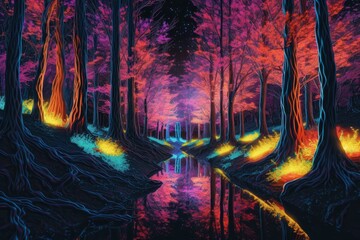 Canvas Print - glowing neon trees in a dark forest, created with generative ai