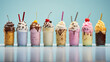 © AnArtificialWonder - Ice Cream Milkshakes or Floats in Multi Color with Pastel Background and Fruit Decoration Elements - Straws - Generative AI