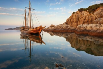 Sticker - wooden sailboat anchored near picturesque coastline, created with generative ai